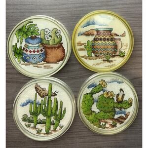 4 Finished - Vintage Acrylic Southwestern Cross Stitch Coasters